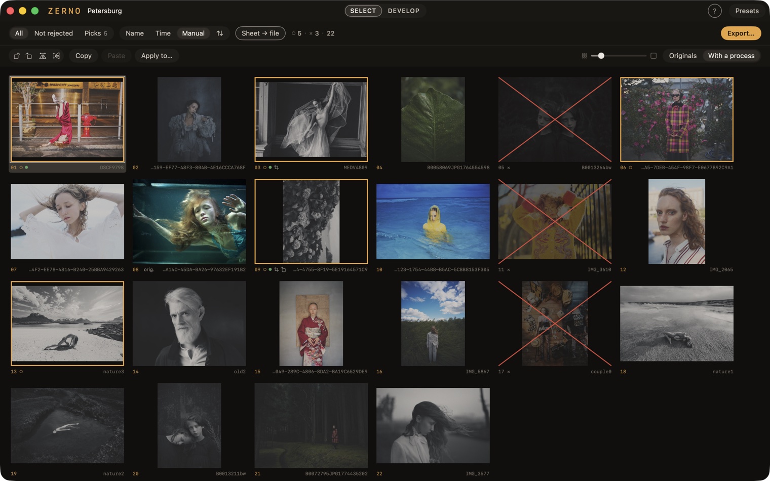 The SELECT screen: a grid of frames with marks, the picking panel above it