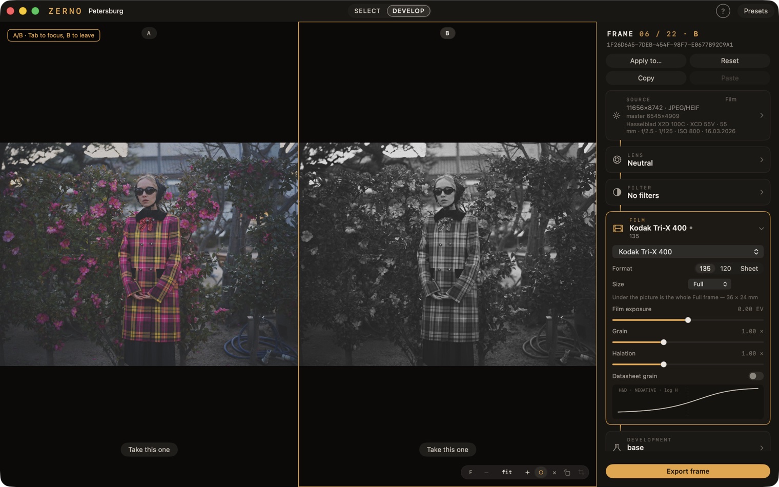 A/B: two versions of one frame side by side — different films on one shot
