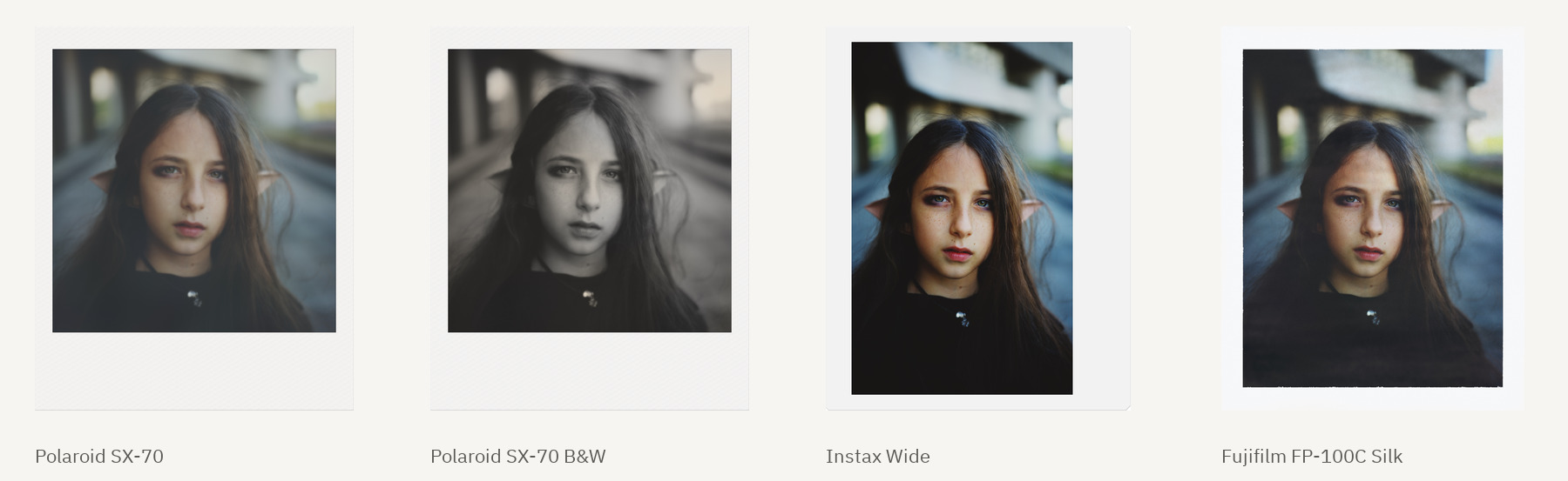 Один портрет на четырёх моментальных кассетах: Polaroid SX-70, SX-70 ч/б, Instax Wide, Fujifilm FP-100C Silk